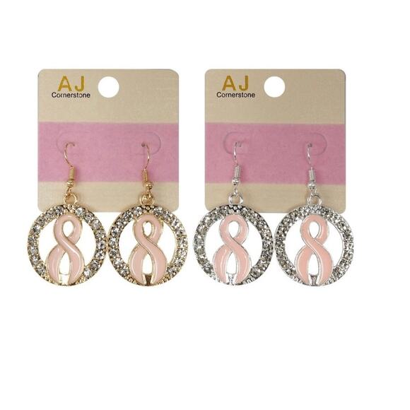 Pink Ribbon Breast Cancer Awareness Fashion earrings with bling*gold or silver - Picture 1 of 2